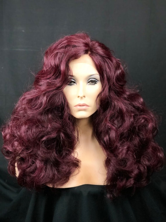Deep Wine Plum Romantic Curls Human Hair Blend Bob Lace Front Wig Red Ombre Hair Burgundy Lace Front