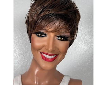 Dark Auburn Brown Black Mix Short Pixie Wig
