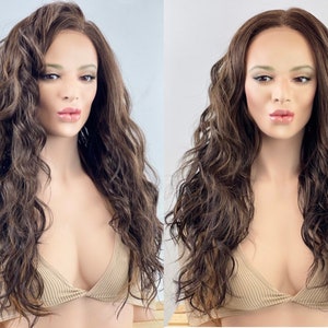 Brown wig with mixed blonde highlights, wig long brown with wavy curls, wig for hair loss, Alopecia, cancer, lupus, female pattern baldness