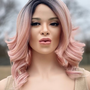 Candy pink dark root ombré wig