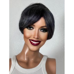 Gray Natural Black Salt and Pepper Mix Pixie Haircut Short Human Hair Wig, Short Pixie Cut Black Gray Hair Wig, Bangs No Lace Full Cap Wig