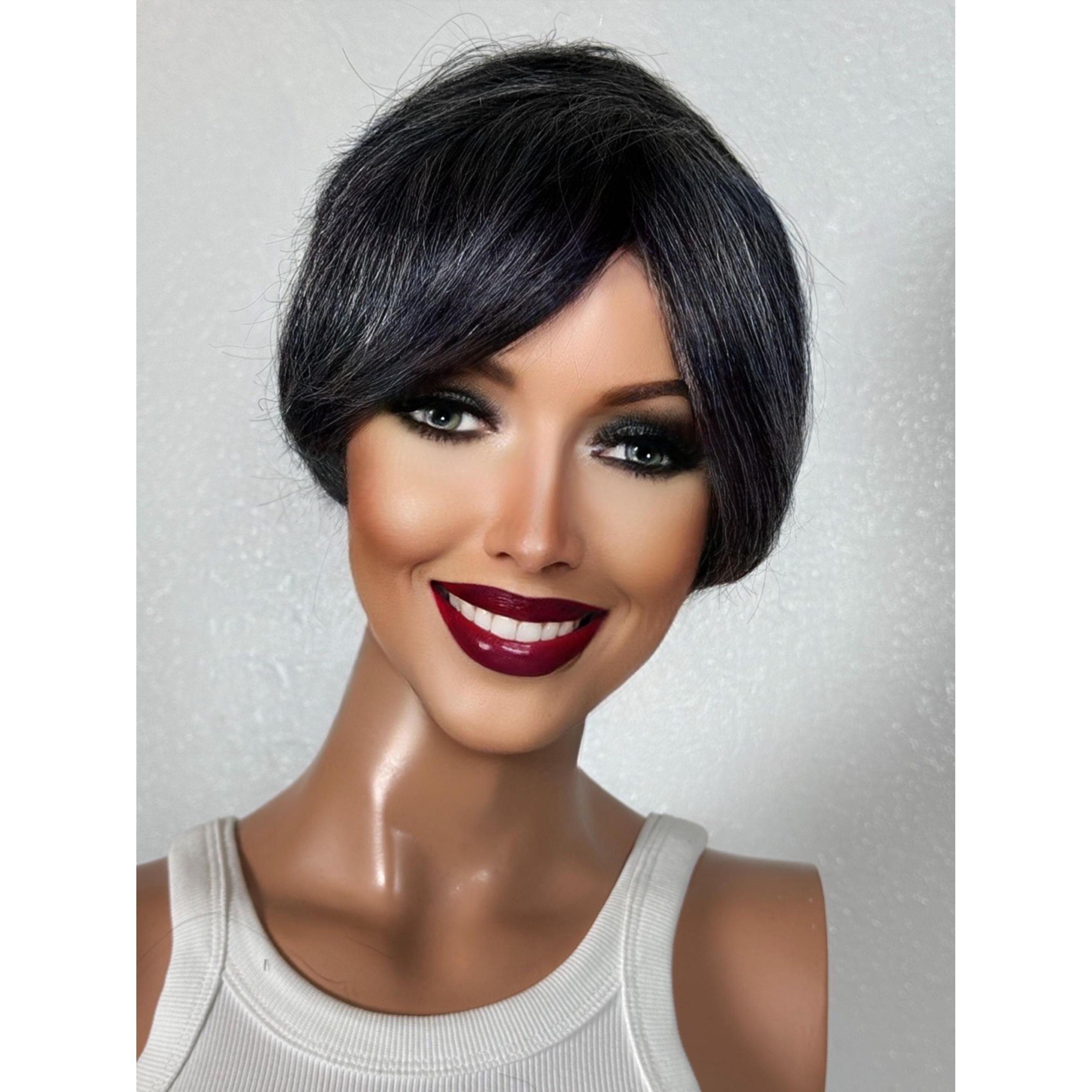 Gray Natural Black Salt and Pepper Mix Pixie Haircut Short Human Hair Wig, Short Pixie Cut Black Gray Hair Wig, Bangs No Lace Full Cap Wig