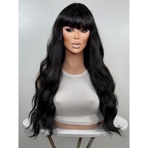 Geisha Jet Black Wig, Edgy Bangs Long Wavy Full Goth Witch-Core Rave Festival Anime Costume Role Play Wig - Fantasy, Cosplay Wig
