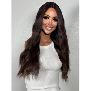 Dark Espresso Brown Lace Front Human Hair Blend Wig, Auburn Lowlights Wavy Lace Wig