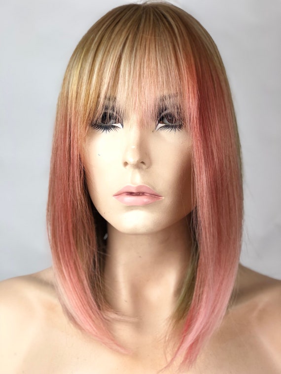 Ombre Light Pastel Multi Color Pink W Short Fringe Bangs Wig Etsy