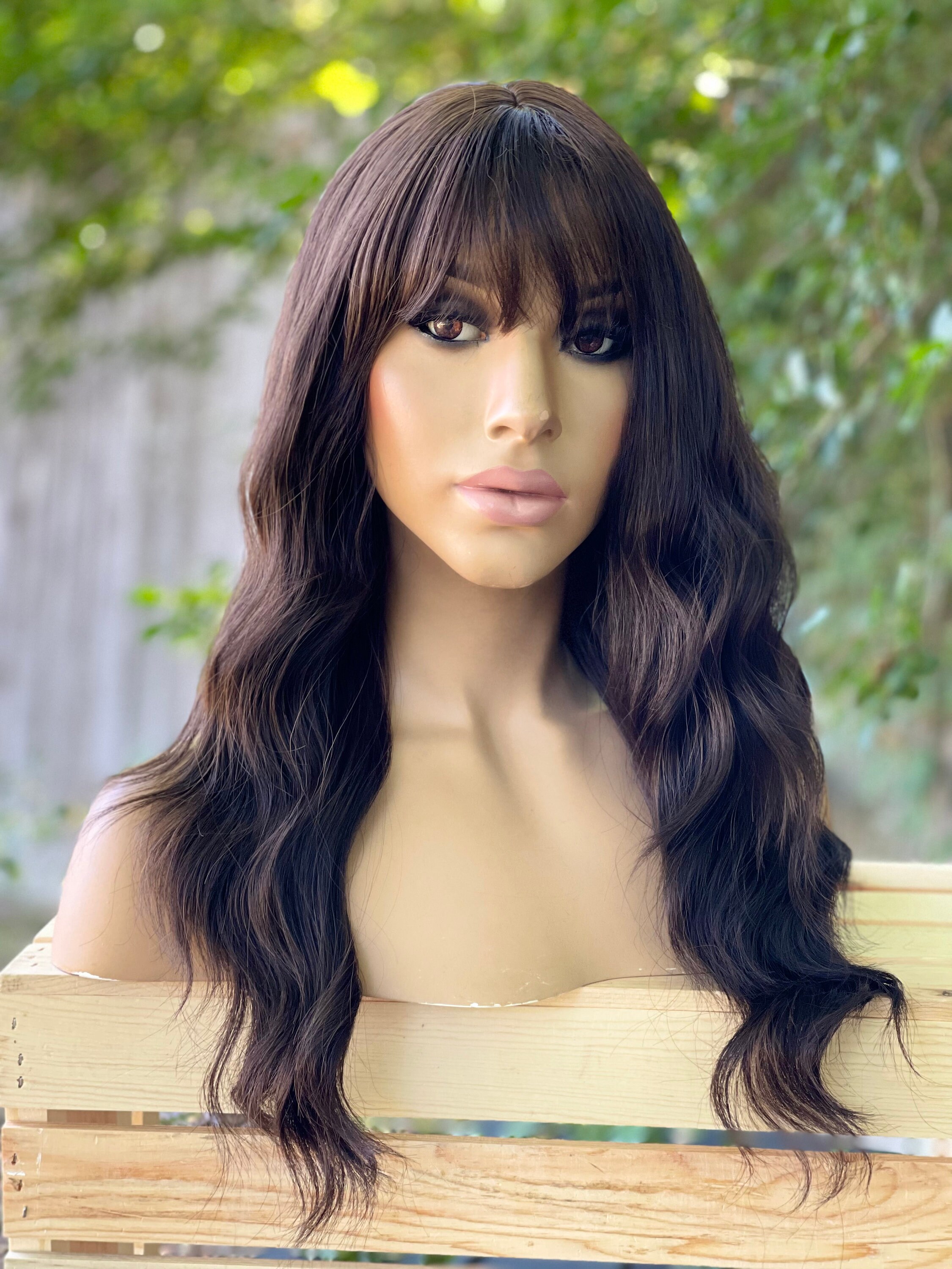 Human Hair Blend Wig Dark Brown Color 2 16" Brown Wavy With Bangs Full Cap