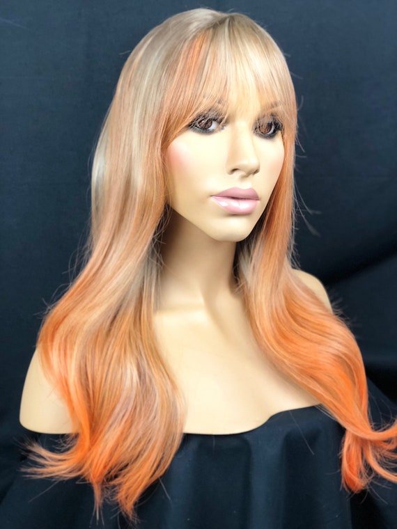 Ombre Coral Orange Straight Hair Fringe Bang Blonde Wig Lange Blonde Wig Blonde Wig Human Hair Blend