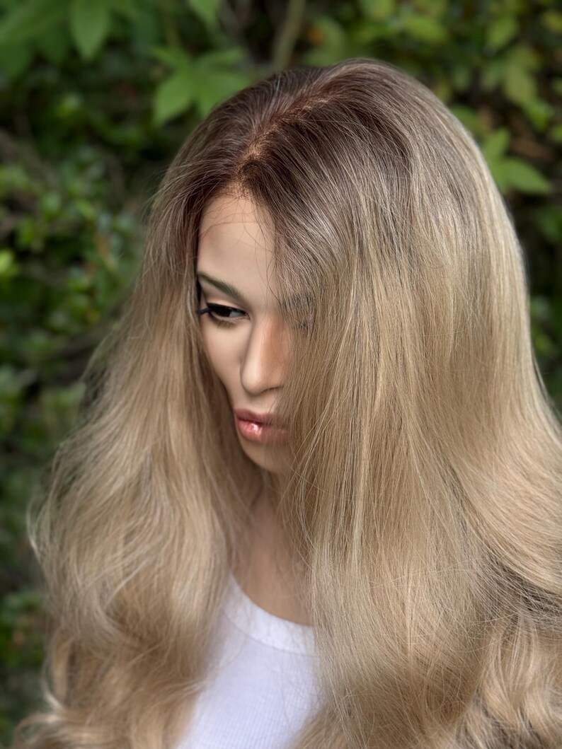 RECKLESS Ombre Blonde Wavy Brown Root Smudge Premium Human Hair Blend Wig 26 Inch Lace Front image 10
