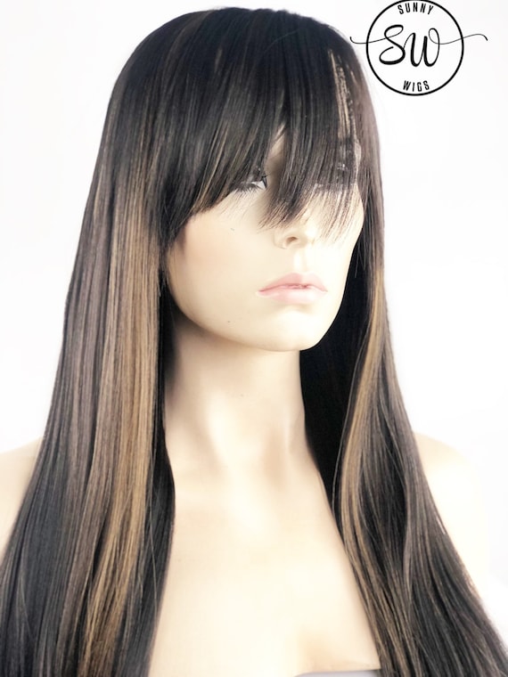 Warm Blonde Lowlights W Dark Brown Hair Side Swept Full Bang Lace Front Wig Monofilament Lace Frontal Wig Multi Directional Parting Wig