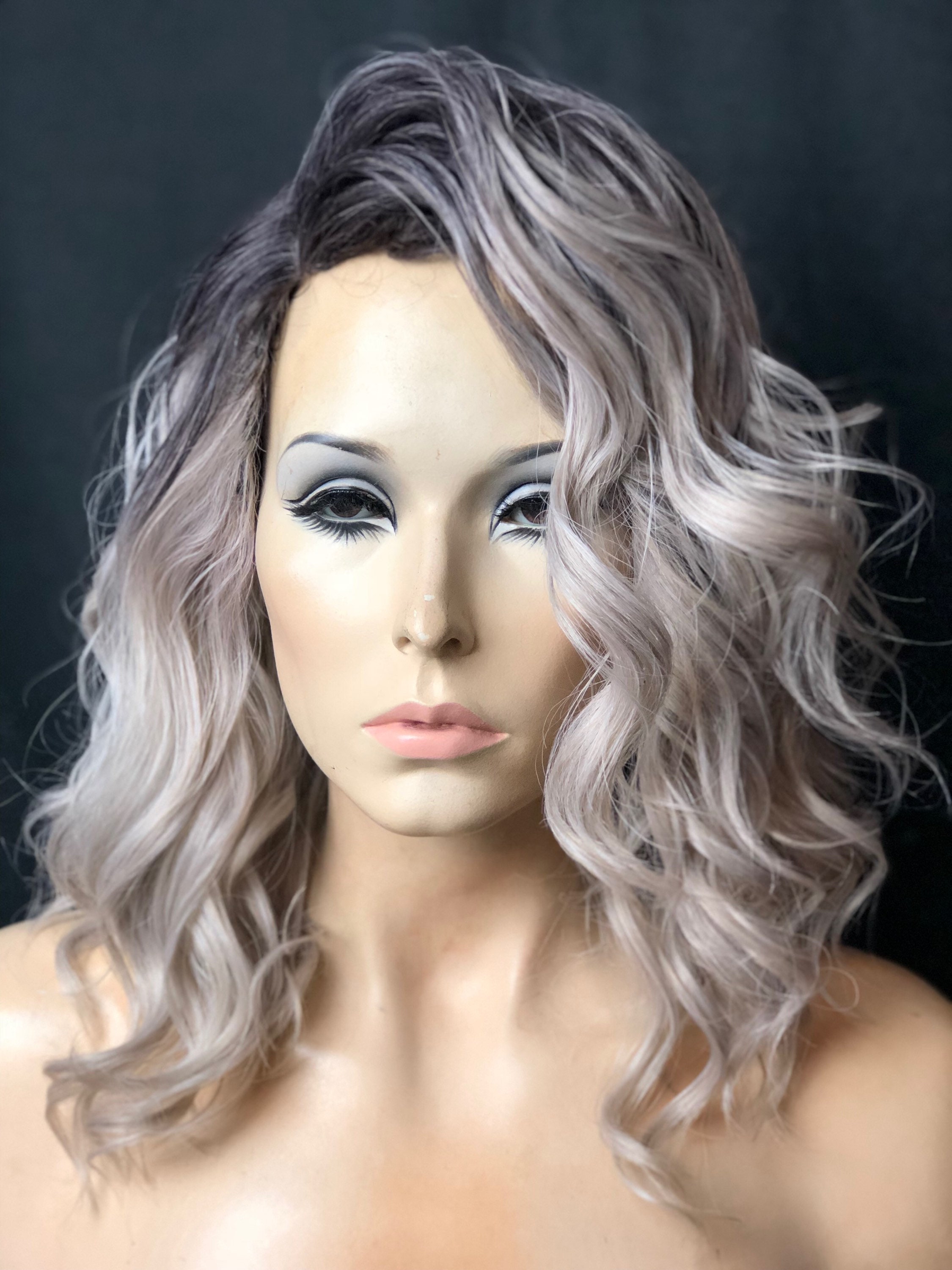 Silver Grey Wig. Ombre Silver Wavy Wig. Human Hair Blend Wig. Etsy