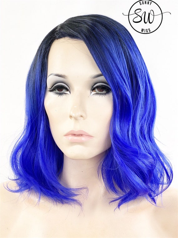Wig Blueberry Blue Dark Ombre Short Wavy Bob Wig Human Hair Blend Wig