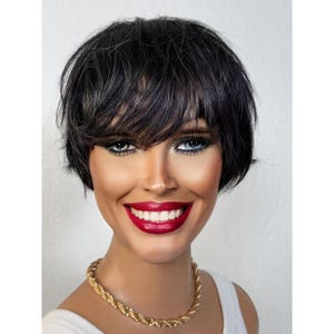 Black Salt and Pepper Pixie Haircut Short Human Hair Wig, Pixie Cut Black Gray Hair Tapered Edges Wig, Soft Wispy Bangs No Lace Full Cap Wig