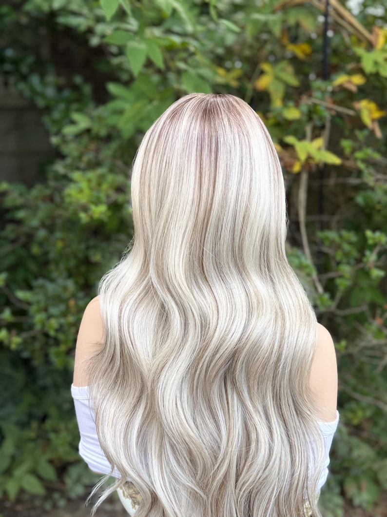 IJsblonde rokerige balayage-pruik met kant, lang haar, gezichtskaderlagen, mengsel van echt haar, 24-26 inch afbeelding 10