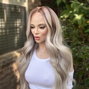 IJsblonde rokerige balayage-pruik met kant, lang haar, gezichtskaderlagen, mengsel van echt haar, 24-26 inch afbeelding 4