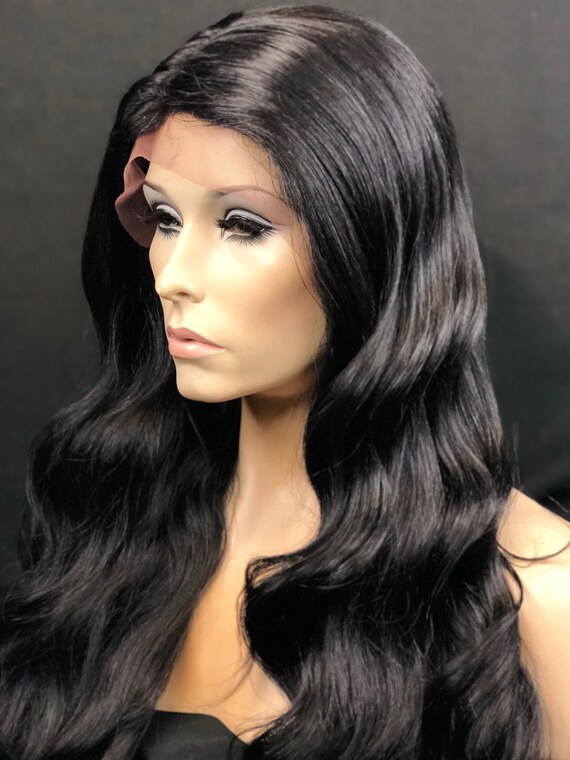 Wig Long 26 Jet Black Bodywave Lace Front Wig Human Etsy