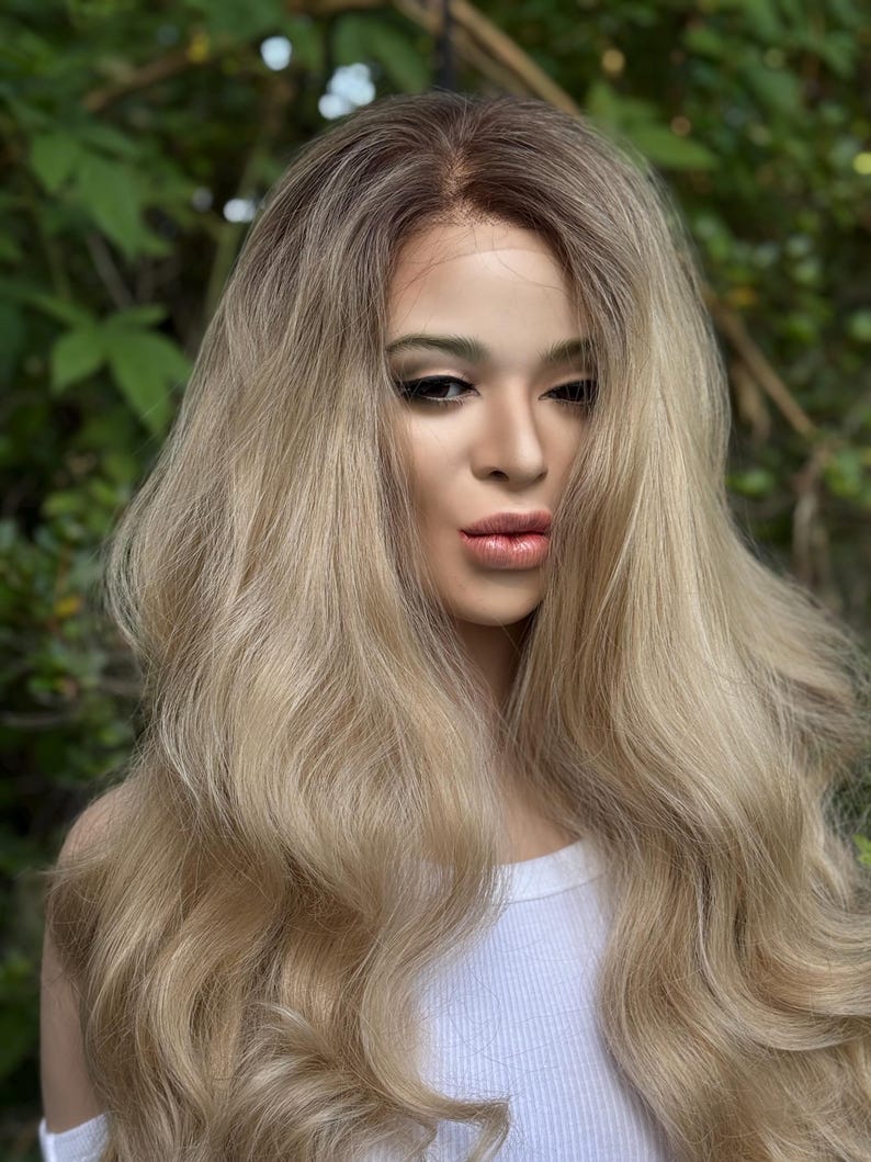 RECKLESS Ombre Blonde Wavy Brown Root Smudge Premium Human Hair Blend Wig 26 Inch Lace Front image 11