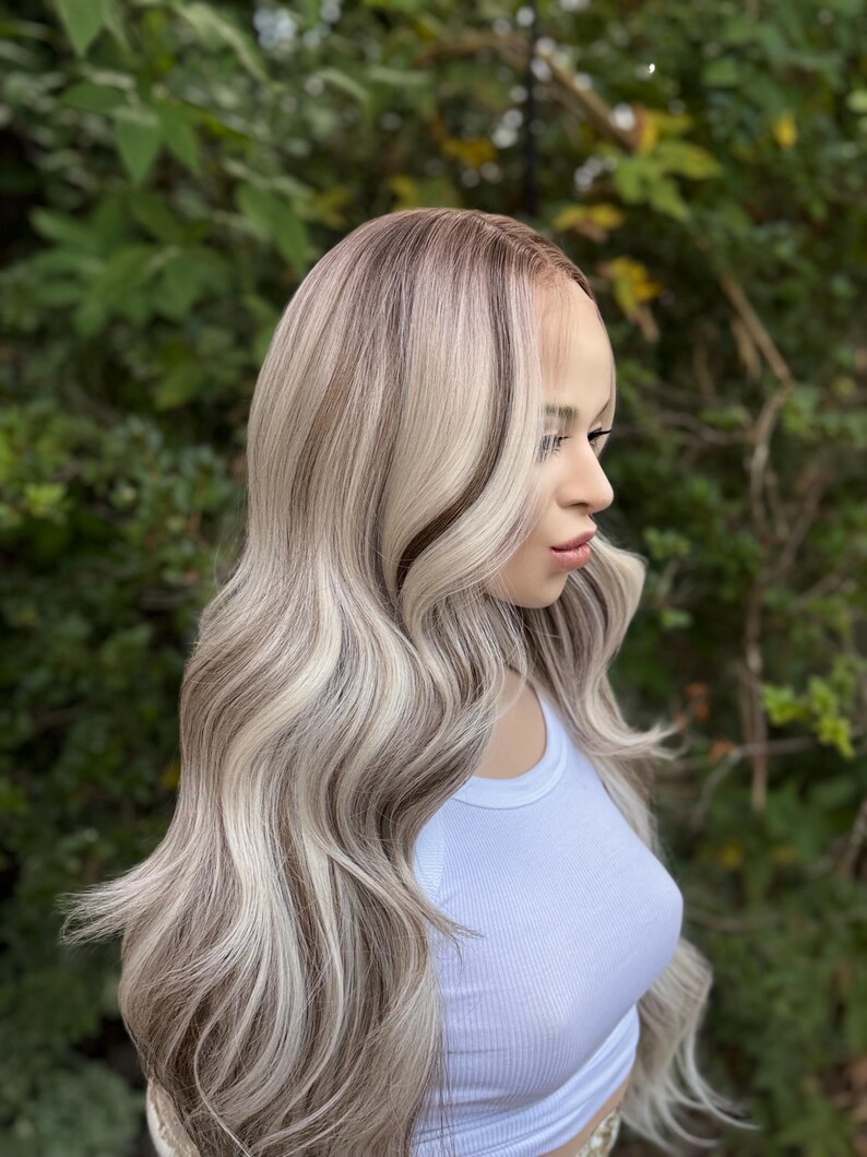 IJsblonde rokerige balayage-pruik met kant, lang haar, gezichtskaderlagen, mengsel van echt haar, 24-26 inch afbeelding 8