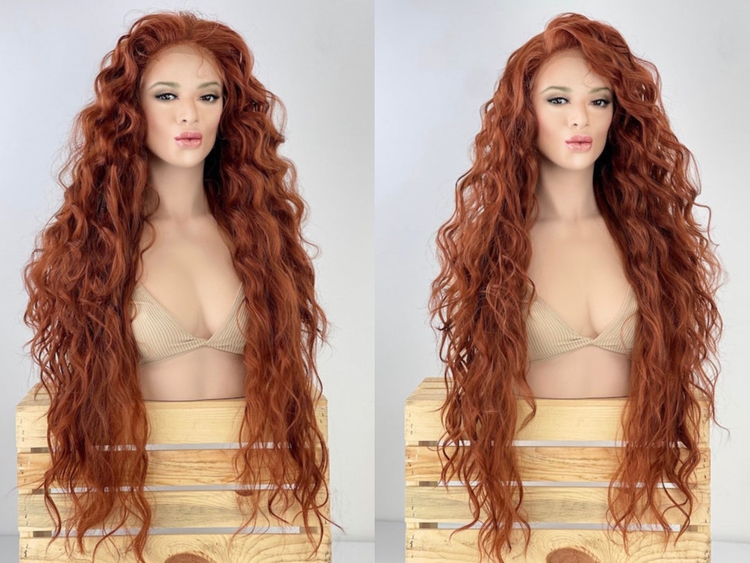 30”  Copper Red Wig Medium Voluminous Curls Wig Human Hair Blend Lace Front Full Wig 13x5” Free Parting Multi-Directional Wig Hand-tied Wig