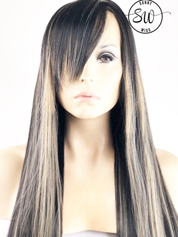 Chamomile Blonde W Dark Brown Hair Side Swept Full Bang Lace Front Wig Monofilament Lace Frontal Wig Multi Directional Parting Wig