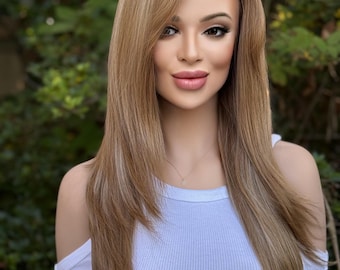 Honingblonde pruik met kant | 20-inch mengsel van echt haar, hittebestendig