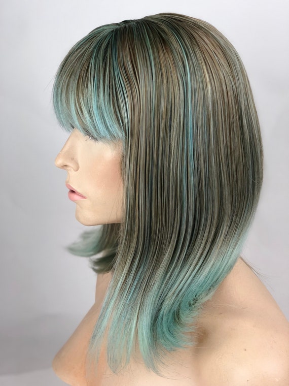 Wig Ombre Light Pastel Blue Blonde W Short Fringe Bangs Etsy