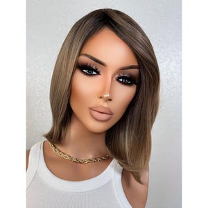Dark Sandy Blonde Human Hair Blend Wig, Short Bob with Bangs Natural Black Rooting Wig, Full Density Ready to Wear Cap Wig