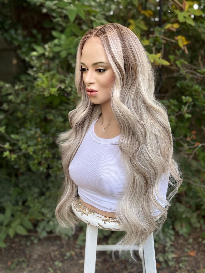IJsblonde rokerige balayage-pruik met kant, lang haar, gezichtskaderlagen, mengsel van echt haar, 24-26 inch afbeelding 6