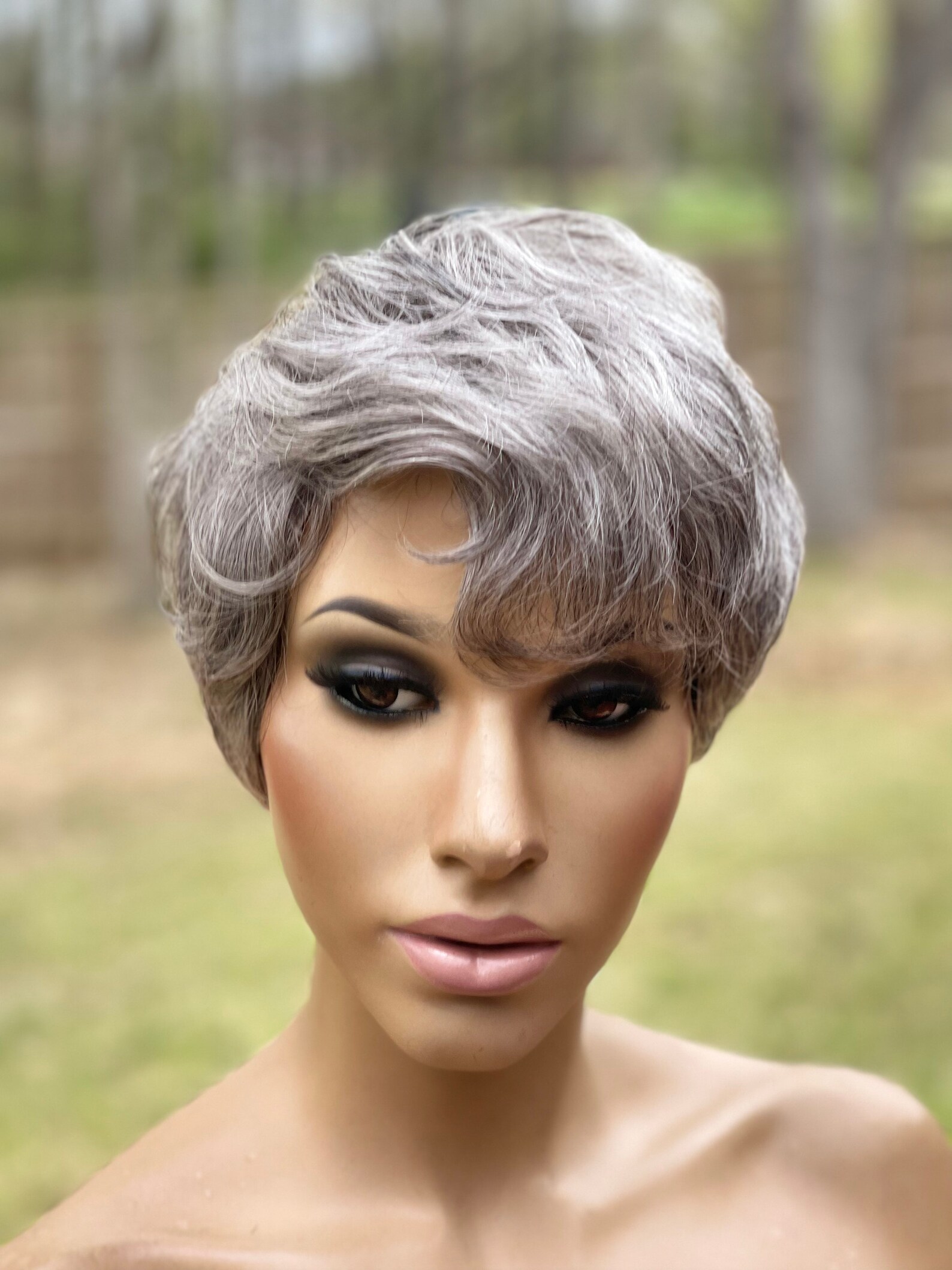 Human Hair Blend Wig Short Gray Pixie Wig Silver Gray White Etsy