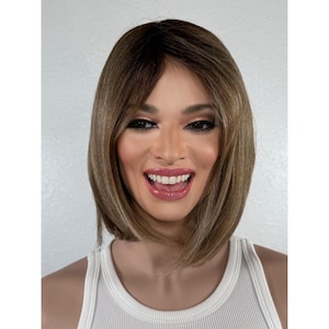 Warm Sandy Brown Human Hair Blend Wig, Short Bob Wig with Sunkissed Golden Blonde Highlights, Ready to Ship Wig, No Lace Soft Full Bangs Wig