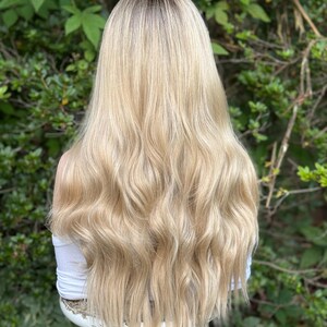 RECKLESS Ombre Blonde Wavy Brown Root Smudge Premium Human Hair Blend Wig 26 Inch Lace Front image 8