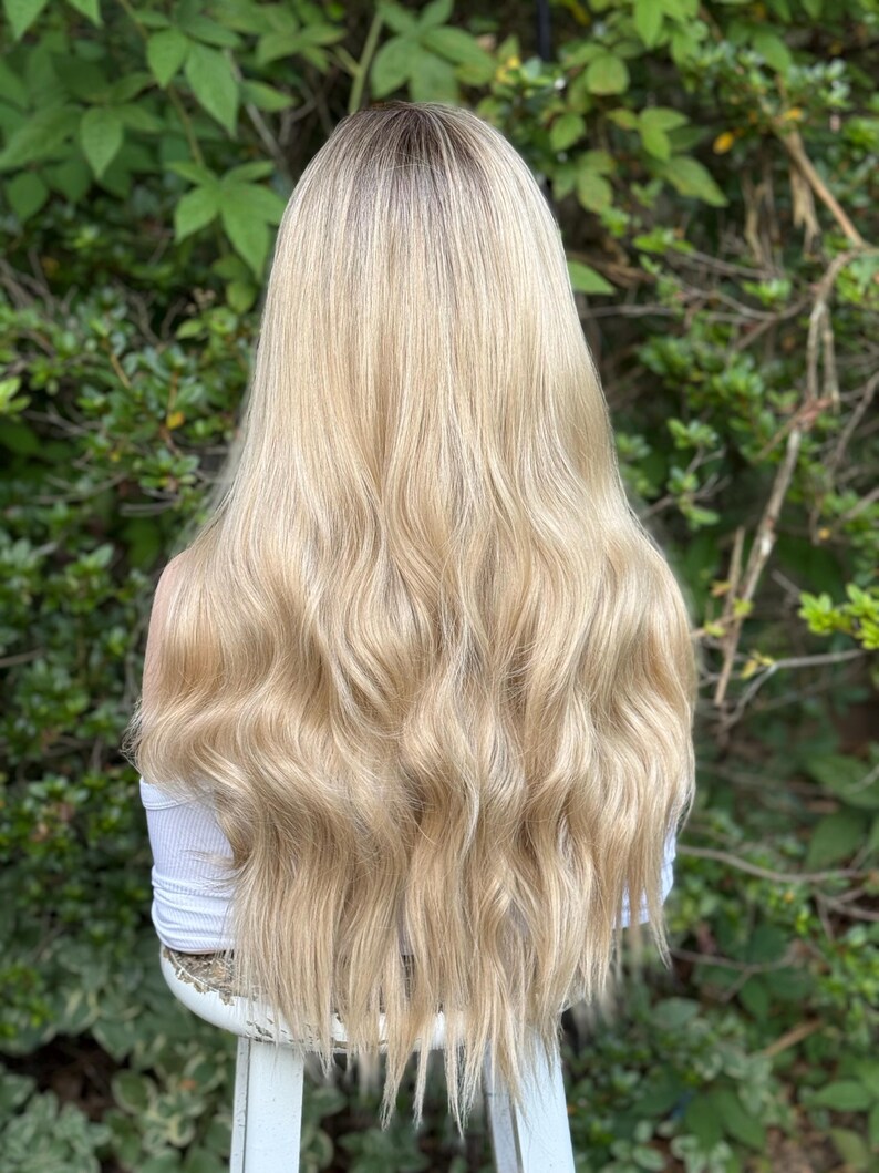 RECKLESS Ombre Blonde Wavy Brown Root Smudge Premium Human Hair Blend Wig 26 Inch Lace Front image 8