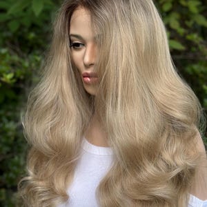 RECKLESS Ombre Blonde Wavy Brown Root Smudge Premium Human Hair Blend Wig 26 Inch Lace Front image 9