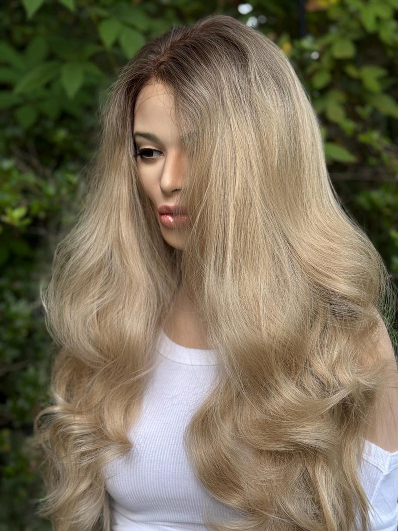 RECKLESS Ombre Blonde Wavy Brown Root Smudge Premium Human Hair Blend Wig 26 Inch Lace Front image 9