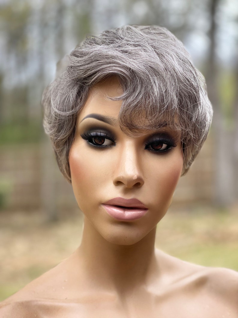 Human Hair Blend Wig Short Gray Pixie Wig Silver Gray White Etsy