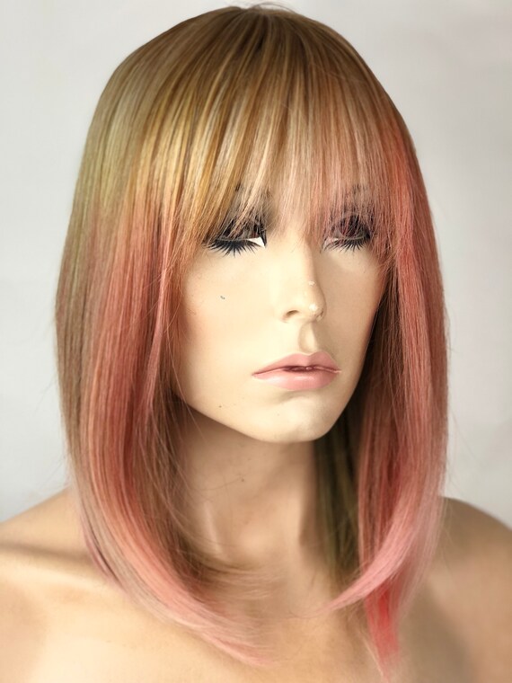 Ombre Light Pastel Multi Color Pink W Short Fringe Bangs Wig Etsy
