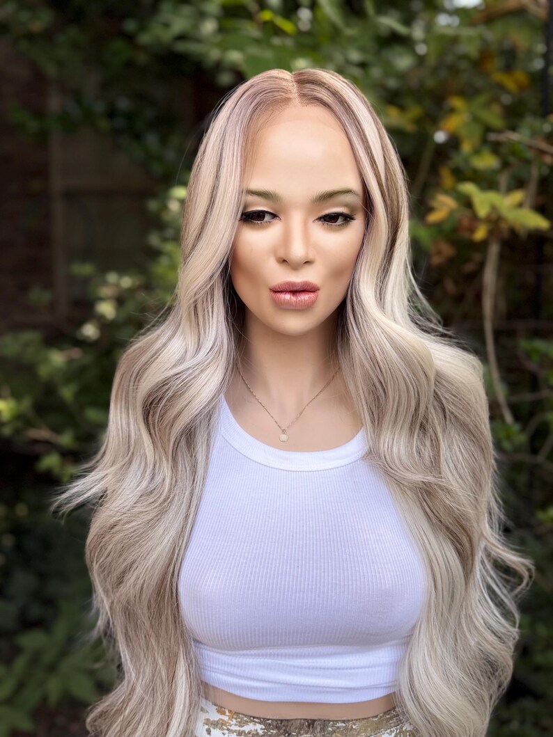 IJsblonde rokerige balayage-pruik met kant, lang haar, gezichtskaderlagen, mengsel van echt haar, 24-26 inch afbeelding 13