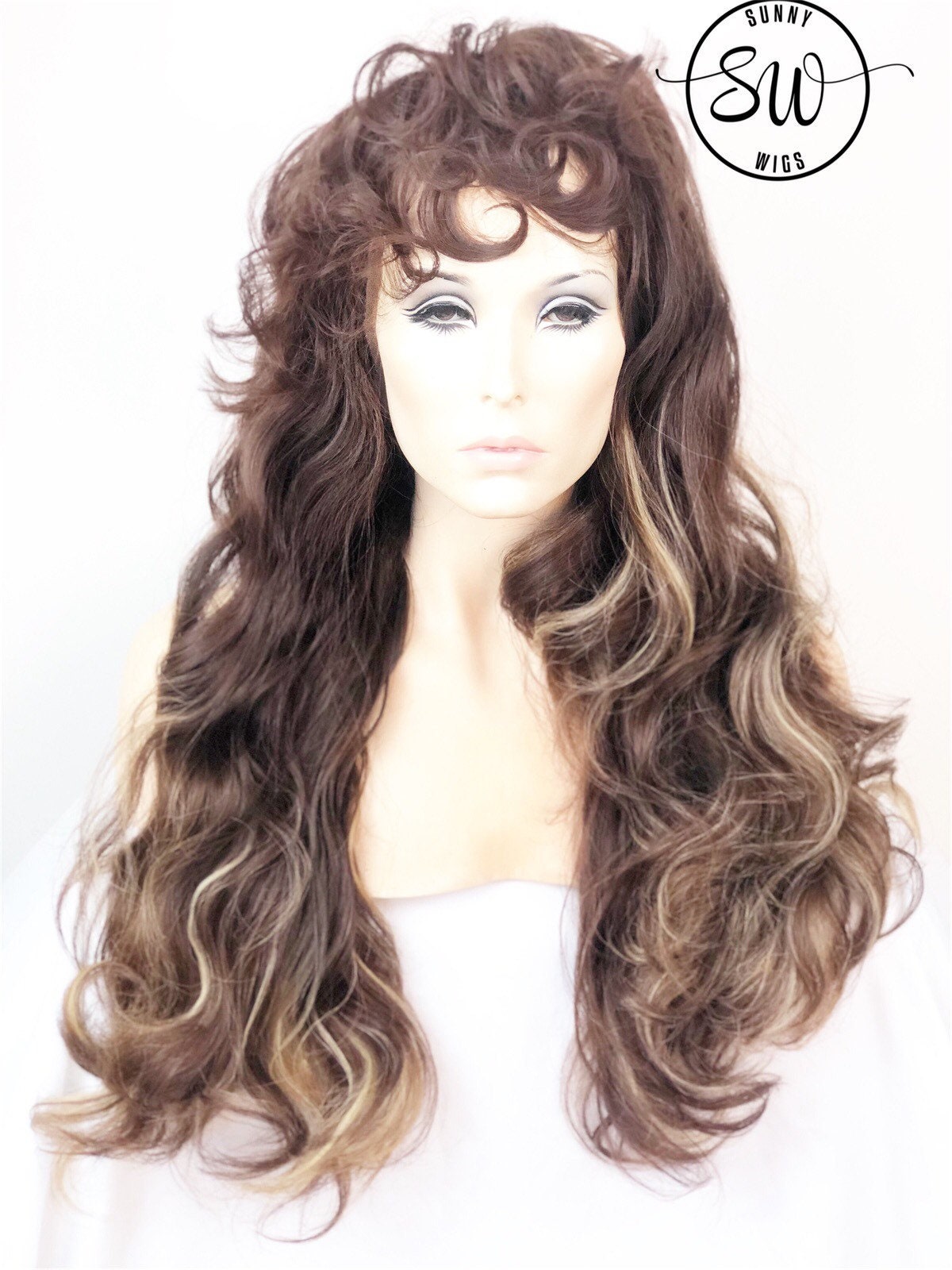 Warm Brown Light Blonde Highlights Long Curly Hand Tied Etsy