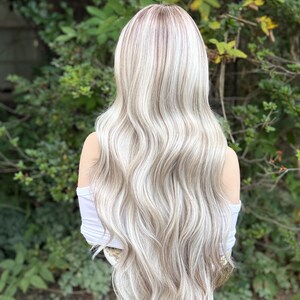 IJsblonde rokerige balayage-pruik met kant, lang haar, gezichtskaderlagen, mengsel van echt haar, 24-26 inch afbeelding 9