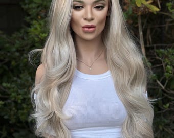 IJSKONINGIN | Pruik van echt haarmix met kant | Ijzige platina koele natuurlijke blonde balayage | Handgeknoopte kanten top
