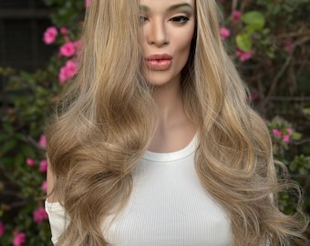 Peluca frontal de encaje de mezcla de cabello humano EASY LIVING / Balayage rubio californiano con efecto "besado por el sol" / Parte superior de encaje anudada a mano
