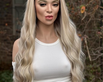 ZOMERILLUSIE | Pruik van echt haarmix met kant | Asblond donkerbruin dimensionale balayage | Handgeknoopte kanten top