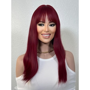 Röd peruk, Ruby Wicked Witch Cosplay-stil kostymperuk, långt hår med lugg, Jessica Rabbit röd hårperuk för kvinnor, utan spets