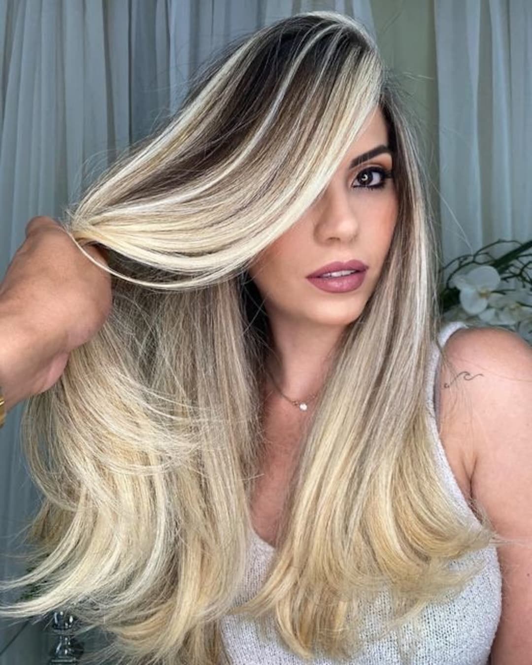 Dirty Blonde Dark Roots Balayage Wig / Human Hair Wig / Long Straight