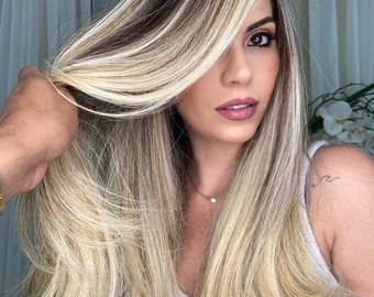 Dirty Blonde Dark Roots Balayage Wig / Human Hair Wig / Long Straight Lace Front Wig / Ombré Wig