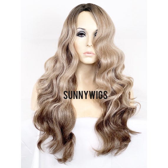 Wig Ash Blonde Champagne Blonde Long Wavy Dark Roots Etsy