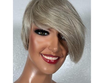 Gray Ash Sandy Blonde Mix Short Pixie Human Hair Wig with Bangs