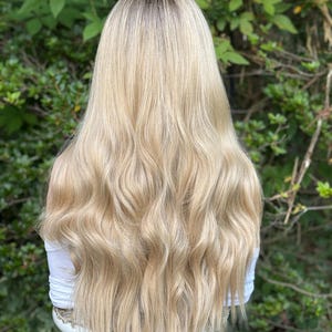 RECKLESS Ombre Blonde Wavy Brown Root Smudge Premium Human Hair Blend Wig 26 Inch Lace Front image 4