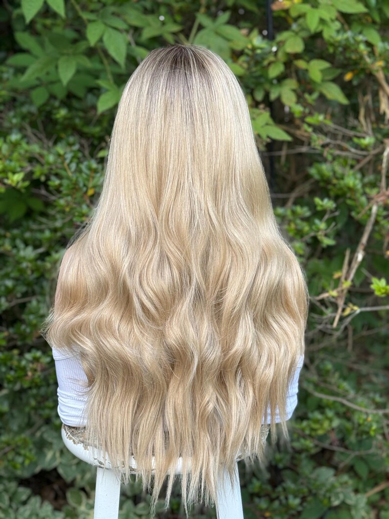 RECKLESS Ombre Blonde Wavy Brown Root Smudge Premium Human Hair Blend Wig 26 Inch Lace Front image 4