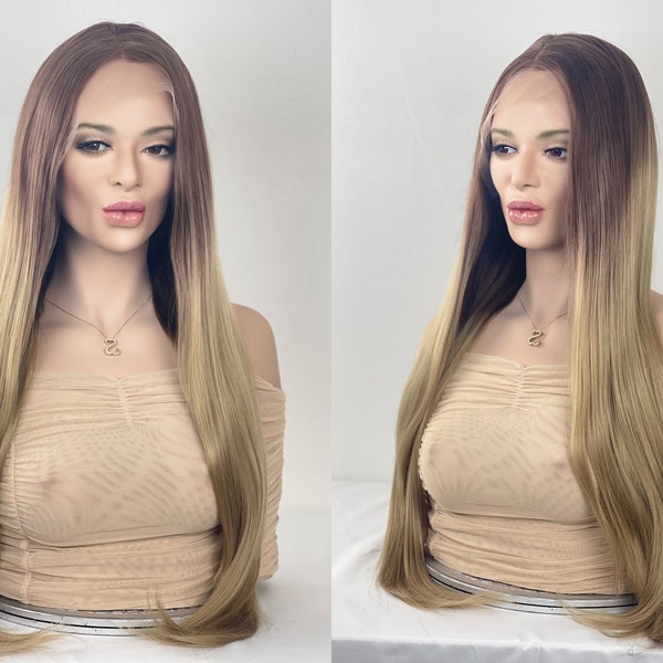 Perruque blonde de balayage de cheveux longs et raides | perruque brun ombré 24 » | perruque avant en dentelle blonde de mélange de cheveux humains | Dentelle invisible HD partie libre 13x3"