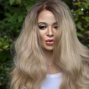 RECKLESS Ombre Blonde Wavy Brown Root Smudge Premium Human Hair Blend Wig 26 Inch Lace Front image 3